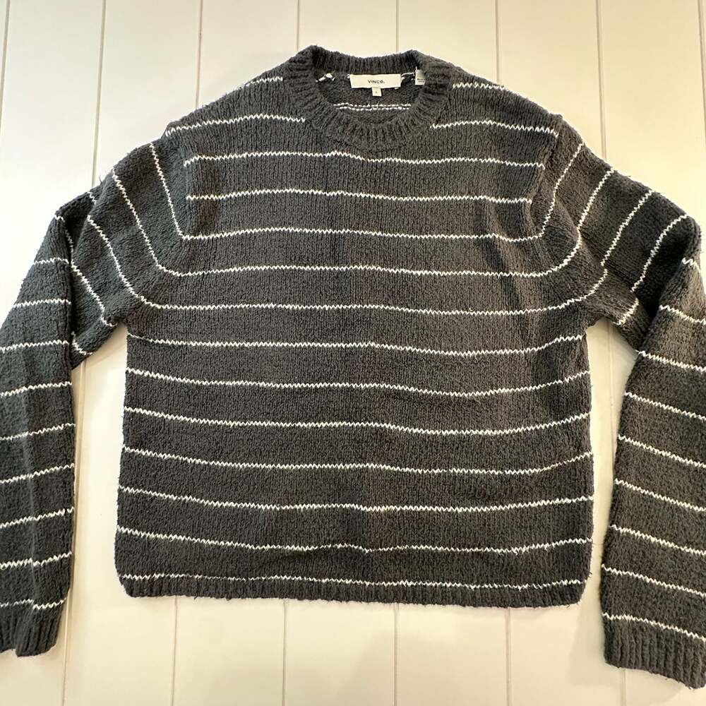 Vince Organic Cotton Blend Charcoal Grey White Striped Crewneck Sweater L